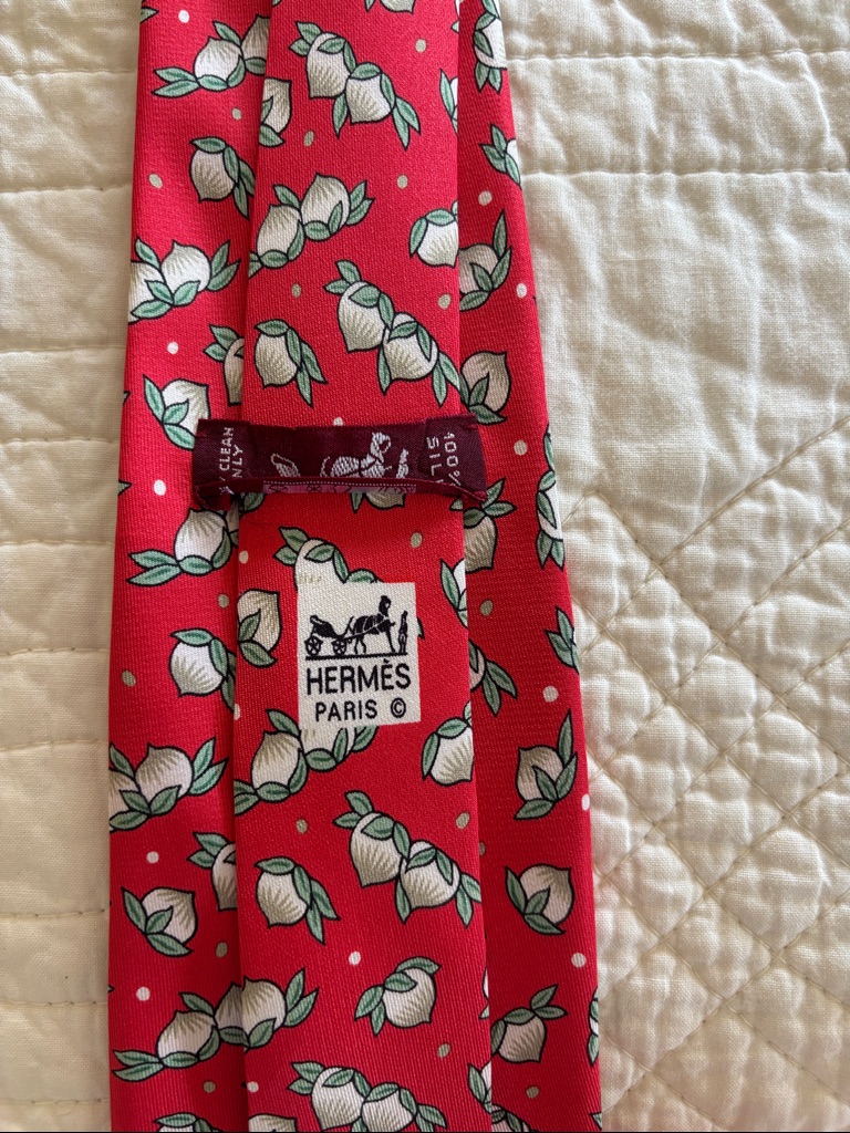 Hermes Red Floral Print Silk Tie